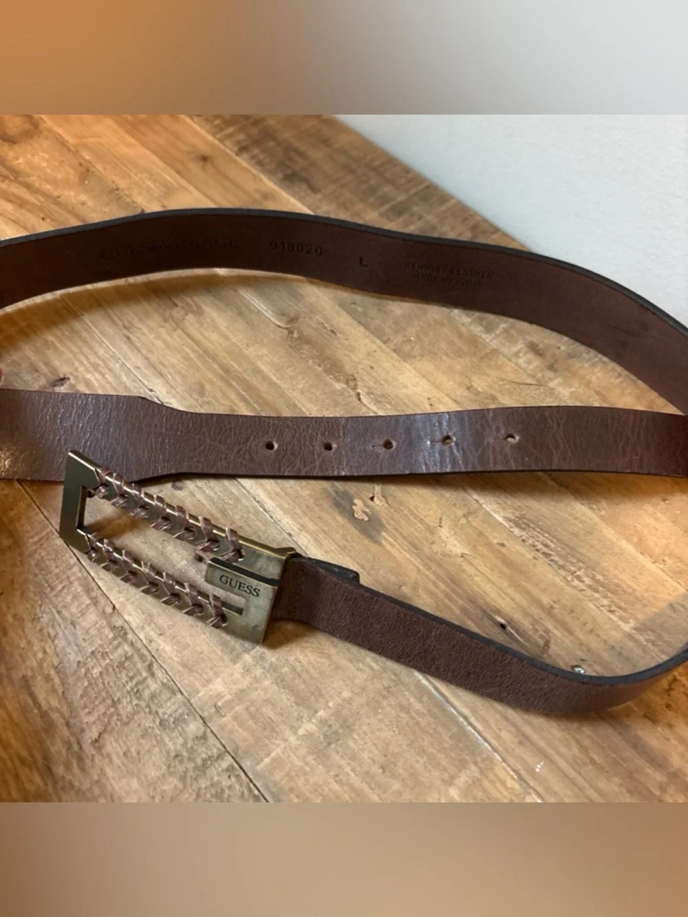 GUESS Brown Leather Men's Belt with Brass-Tone Braided Buckle